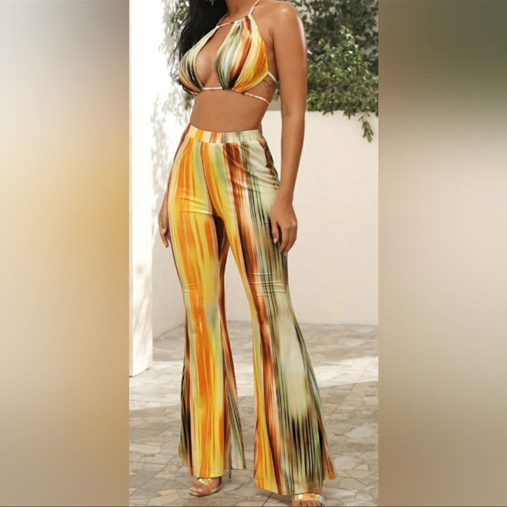 colorful two piece outfit / striped Halter Top & pants Set